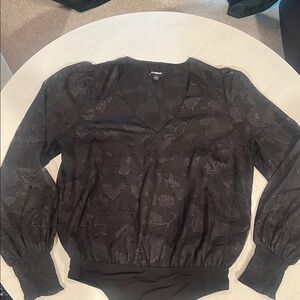 Express Black Floral V-Neck Long Sleeve Bodysuit